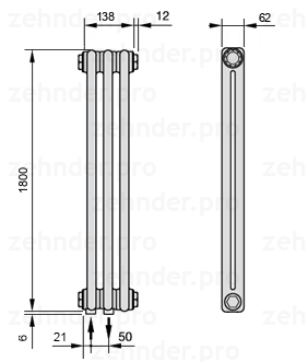 Схема (чертеж) Радиатор Zehnder Charleston 2180/3 №3370 Белый глянцевый RAL 9016